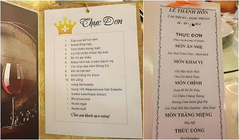 Menu thực đơn tiệc cưới